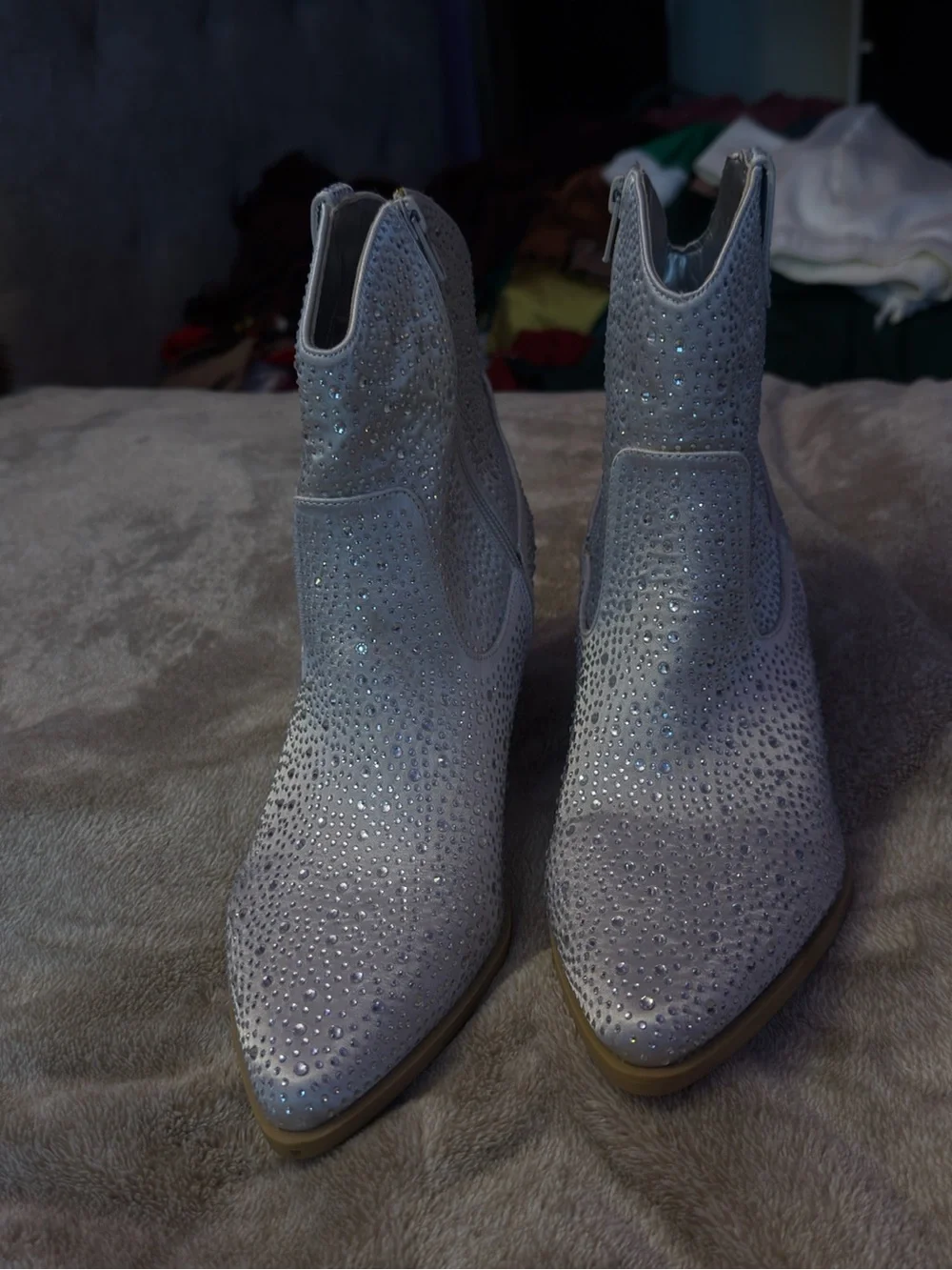 Crystal-Embellished Pointed Ankle Booties - Light Gray